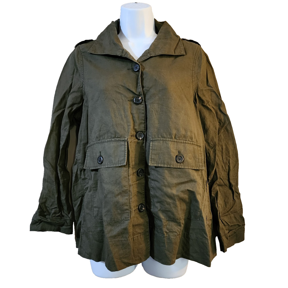 WhoWhatWear Womens Linen Shacket Jacket Top Size S Army Green Button Up Pleated